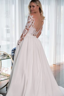 Illusion lace bodice with full crepe skirt wedding dress Melbourne