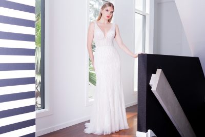 V neck illusion bodice wedding dress Melbourne 2025