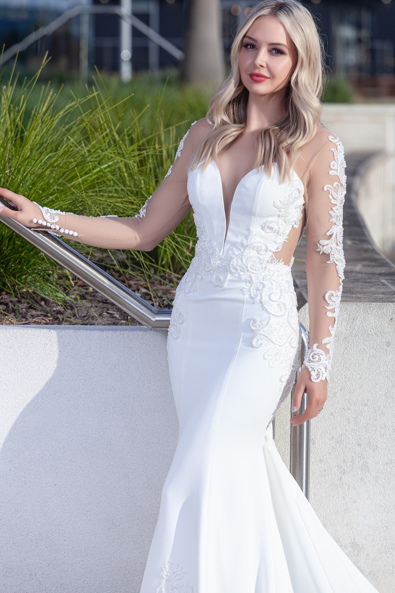 long sleeve wedding gown with pearls