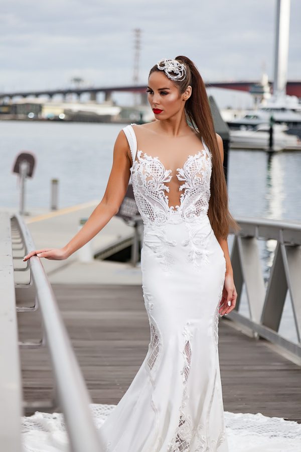 wedding gown with lace and crepe skirt