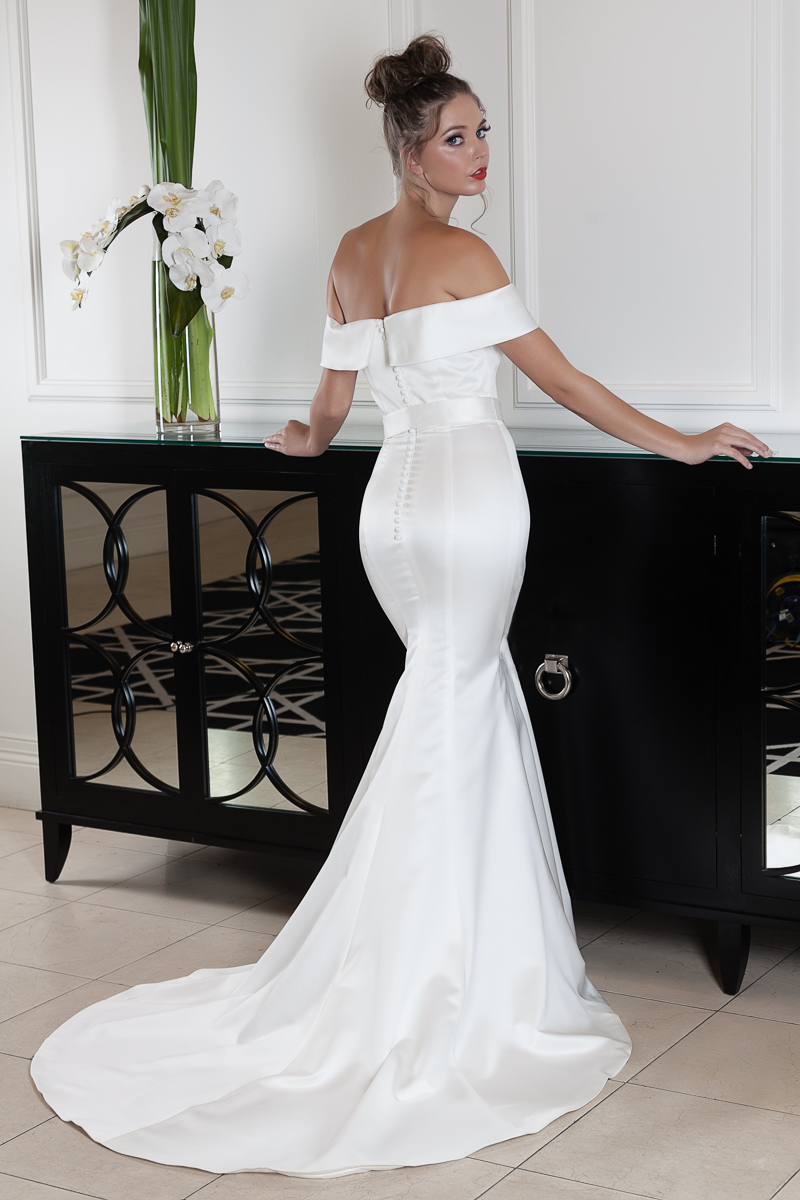 Off shoulder fitted satin wedding dress