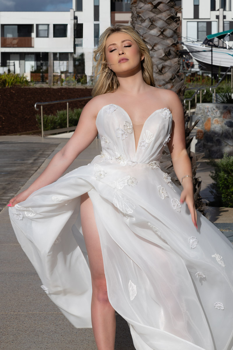 Deep V organza wedding gown