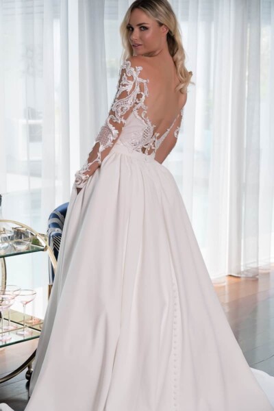 Illusion lace bodice with full crepe skirt wedding dress Melbourne Illusion lace bodice with full crepe skirt wedding dress Melbourne