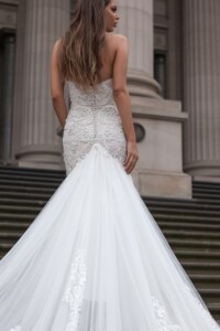 fitted bodice with a cathedral length train. Rent a bridal gown Melbourne