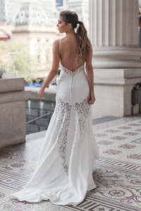 A low scoop back with illusion lace detail on the back of the leg Melbourne wedding dress Hire