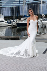 size 10 to 12A fitted crepe gown with lace cut outs and crystal beading Gown rental for brides Melbourne