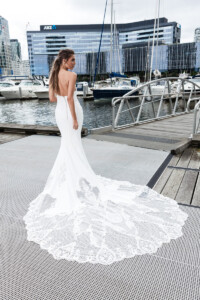 low scoop back with a long lace train Gown rental for Melbourne brides