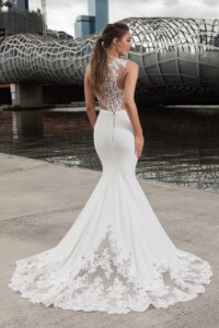 fitted crepe skirt with lave train detail Melbourne wedding gown hire
