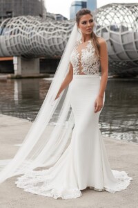 size 8-10nude illusion bodice with bead lace and crepe skirt rent a wedding dress Melbourne