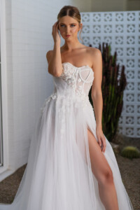 size 10 -12illusion tulle with lace detail exposed boning and high split rent a wedding dress Melbourne