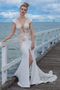 size 8-10 crepe skirt with middle front split and lace bodice hire wedding gown