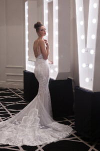 Low scoop back fitted lace gown with lace train Wedding Gown Rental Melbourne