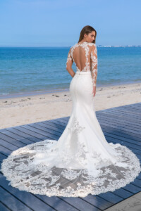 Keyhole back with fitted crepe skirt and lace detail wedding gown rental Melbourne