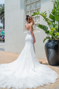 low scoop back with beaded belt chapel length train Luxury wedding dress hire Melbourne
