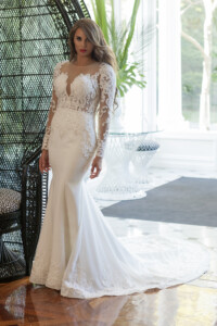 size 10 to 12Fitted crepe skirt with long sleeve pearl beaded bodice Rent a wedding gown Melbourne
