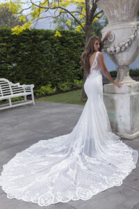 Low V Back with long lace edge train wedding gown hire Australia